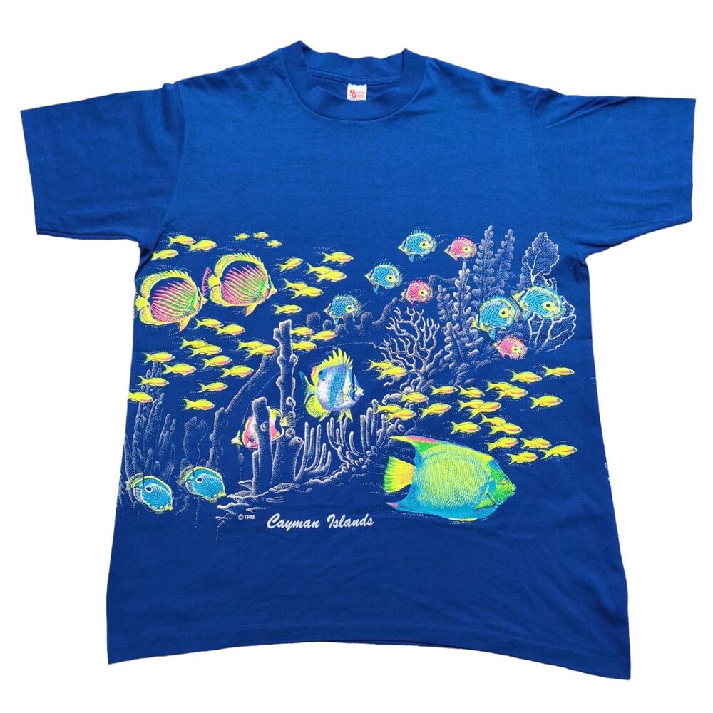 Vintage Cayman Islands Textile Prints Coral Reef Fish Nature AOP Shirt Sz Large